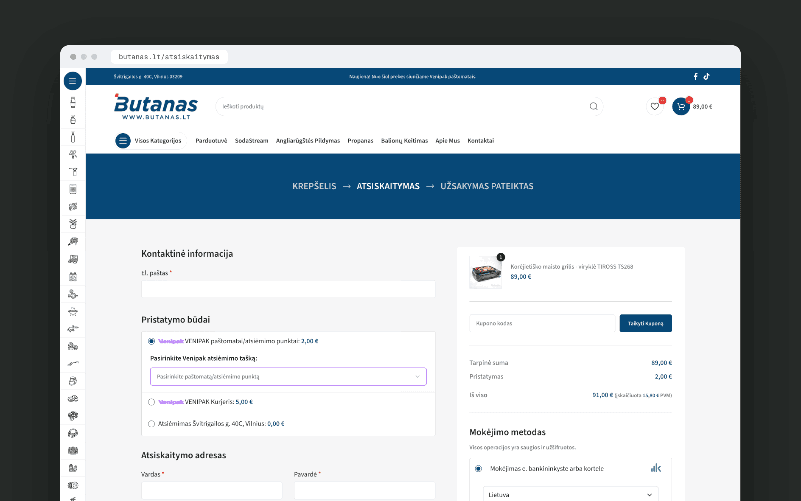 Butanas – custom checkout